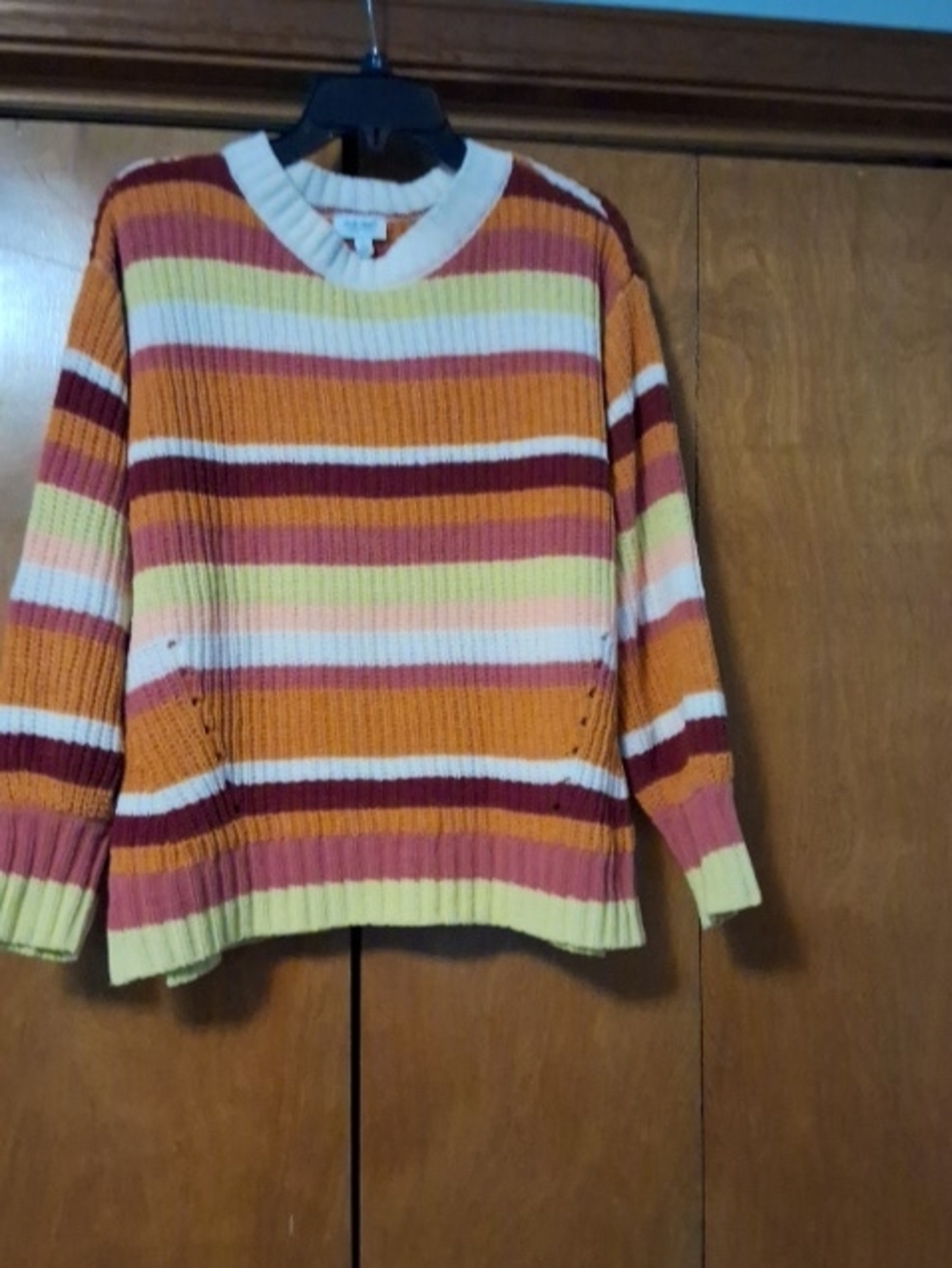 True Craft Striped Crewneck Sweater in Cream, Yellow, Orange, Pink, Burgundy